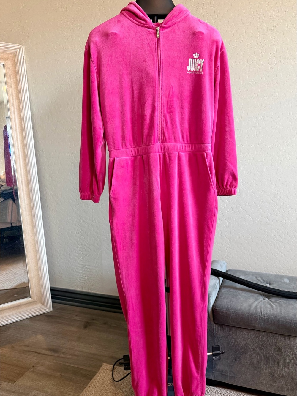 Juicy Couture Bright Hot Pink Hooded Velour One-Piece Pajama